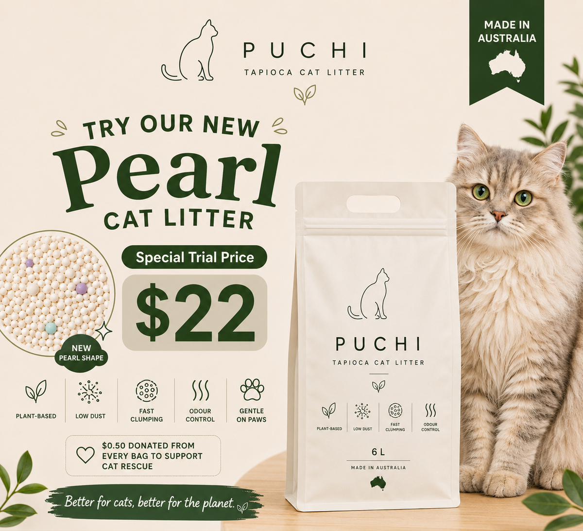 Tapioca Cat Litter 6L – Biodegradable, Fragrance Free (Pearl) - Trial Price